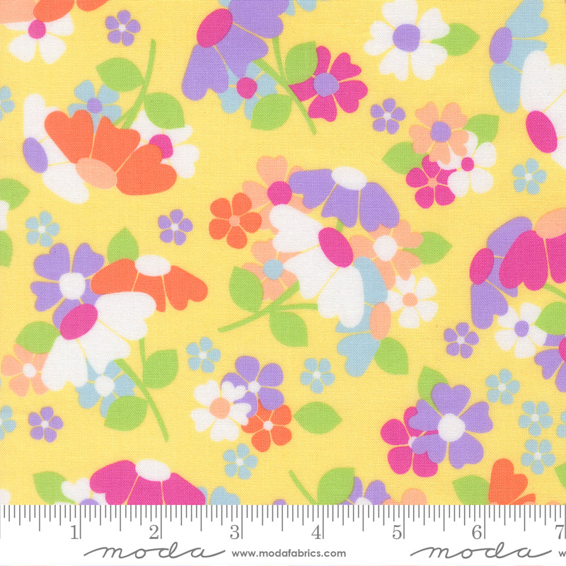 Flower Fields in Sunshine, a sunny yellow floral quilting fabric from the Joysome collection by Corey Yoder for Moda Fabrics, 29250-17