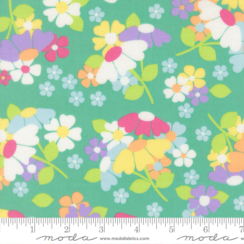 Flower Fields in Peacock, a peacock blue floral quilting fabric from the Joysome collection by Corey Yoder for Moda Fabrics, 29250-24
