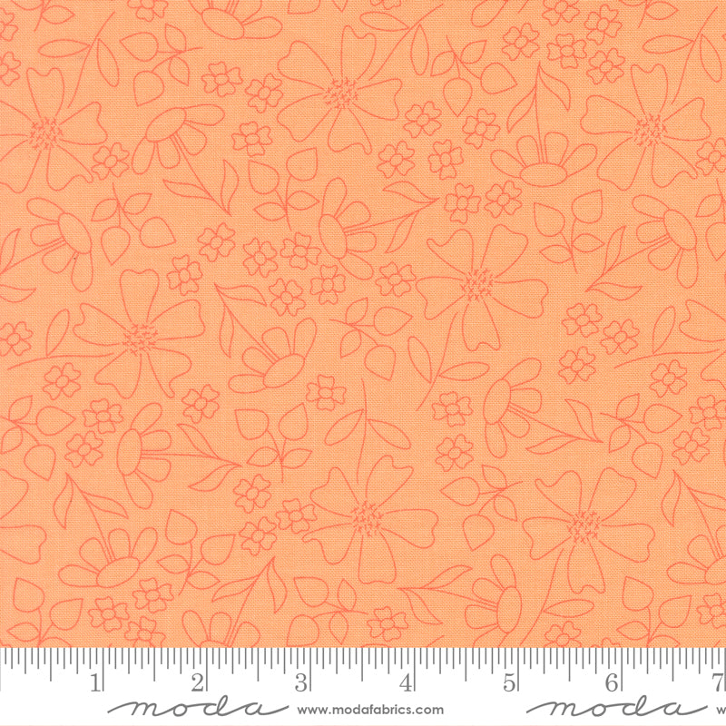 Sunshine Sketch in Cantaloupe, a sketch-style orange floral quilting fabric from the Joysome collection by Corey Yoder for Moda Fabrics, 29253-15