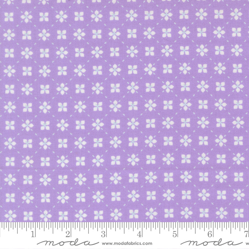 Sweetly Stitched in Lavender, a soft lavender geometric print quilting fabric from the Joysome collection by Corey Yoder for Moda Fabrics, 29254-22