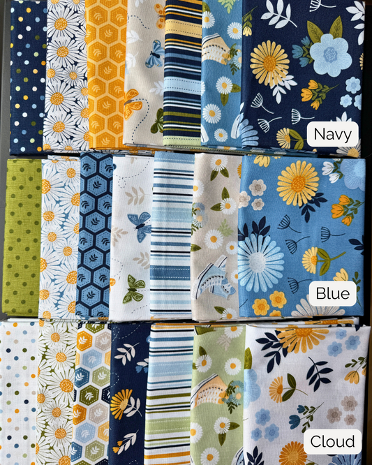 Three color ways of petite fat quarters for the Sunshine and Dandelions fabric collection by Traci Reed
