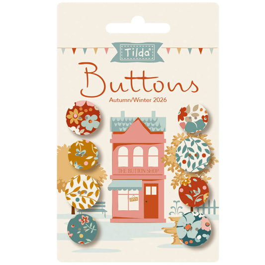 Packaging of Tilda buttons with a button shop illustration on a white background