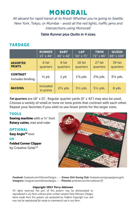 Quilt pattern description sheet with yardage, tools, and a sample quilt layout.