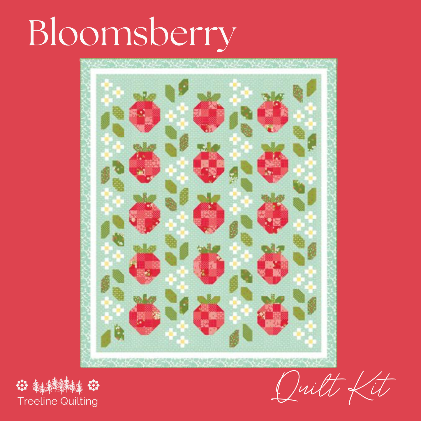 Bloomsberry quilt kit cover featuring a square quilt design with red apple motifs on a light mint green background, surrounded by a white and green border, set against a solid red background with Treeline Quilting branding.