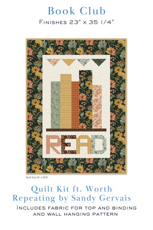 Book Club Quilt Kit featuring a stack of books made with Worth Repeating fabrics by Sandy Gervais for Riley Blake Designs. Includes the Book Club pattern, quilt top, and binding.