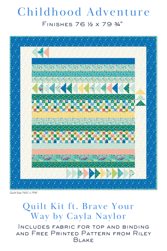 Childhood Adventure Quilt Kit featuring colorful strip piecing, flying geese accents, and Brave Your Way fabrics by Cayla Naylor for Riley Blake Designs. Includes the free pattern, quilt top, and binding. Preorder ships September 2026.