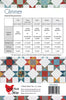 A sewing pattern cover page for Glimmer Requirements by Cluck Cluck Sew, showing a fabric measurement chart with tables for crib, throw, twin, queen, and king sizes, plus a patchwork fabric sample and barcode.
