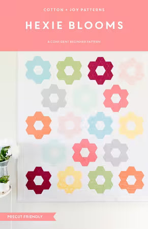 Hexie Blooms quilt pattern cover by Cotton + Joy