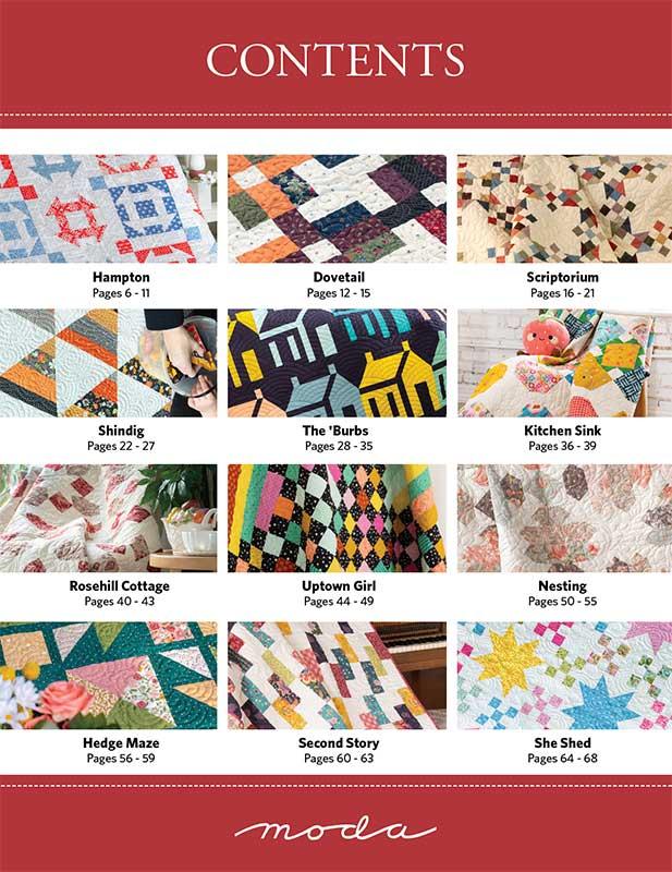 Home Piece by Piece contents page with 12 quilts pictured from the book.