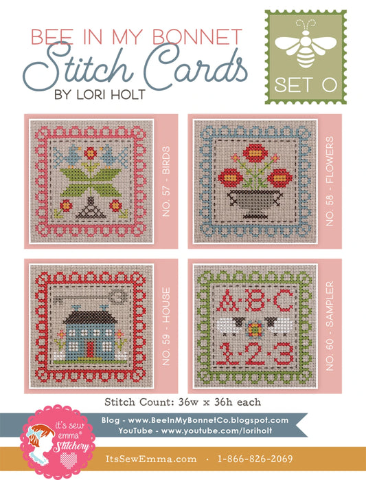 Promotional graphic for Bee in My Bonnet Stitch Cards Set 0 by Lori Holt, showing four sample cross-stitch designs: birds, flowers, a house, and letters/numbers. The layout includes product titles, stitch counts, and branding for It's Sew Emma's Stitchery.