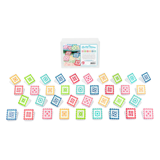 Set of colorful square clips with a container labeled 'Quilty Clippies' on a white background.