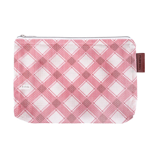 Pink and white checkered pouch with a brown tag on a white background