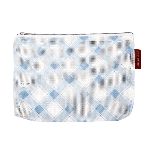 Mesh pouch with blue and white checkered pattern on a white background