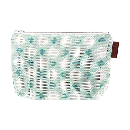 Plaid patterned pouch with a brown tag on a white background