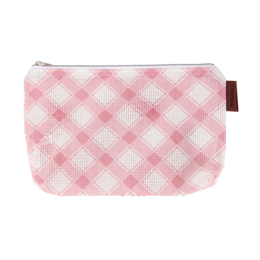 Pink and white checkered pouch with a brown zipper on a white background