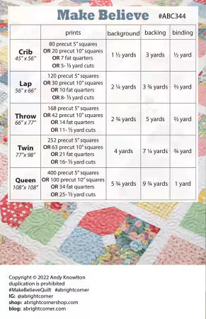 A printed quilting pattern sheet titled 'Make Believe' with size and yardage instructions for crib, lap, throw, twin, and queen patterns, plus a small quilted fabric sample photo at the bottom.