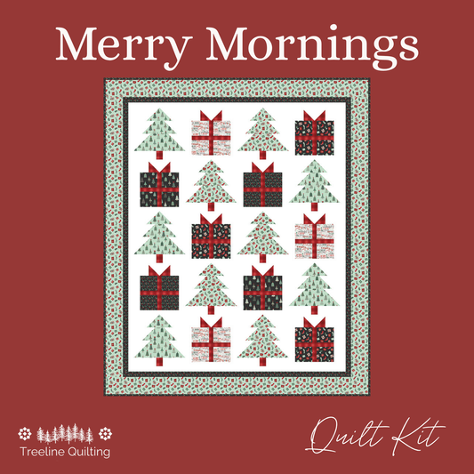 A quilt pattern cover titled 'Merry Mornings' by Treeline Quilting, featuring a festive quilt design with Christmas trees and wrapped gifts in red, green, black, and white on a dark red background. Features the Evergreen Wishes fabric collection by Traci Reed.