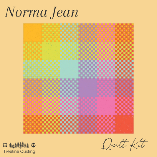 Norma Jean Quilt Kit cover by Treeline Quilting, featuring a colorful grid of checkered and dotted quilt squares on a warm beige background.