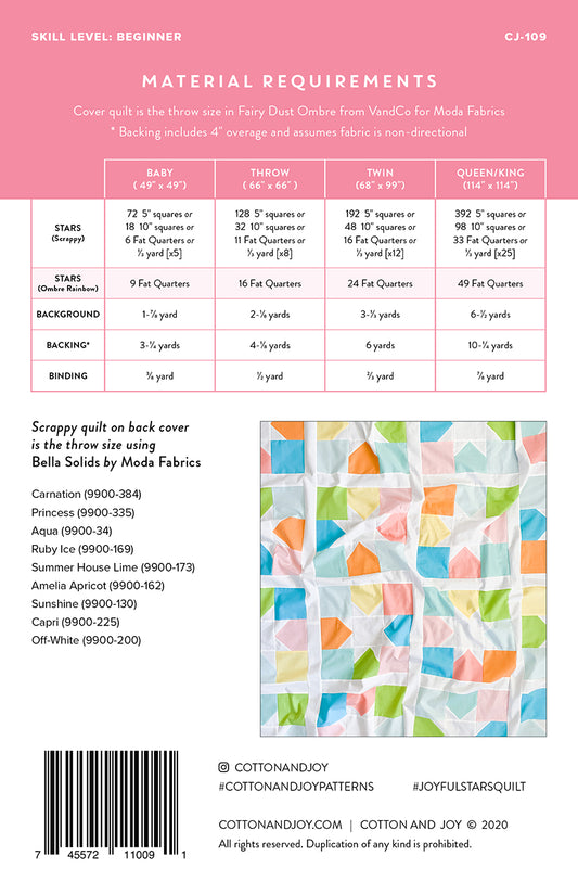 Back cover of the Joyful Stars quilt pattern showing fabric requirements, quilt sizes, and pattern details.