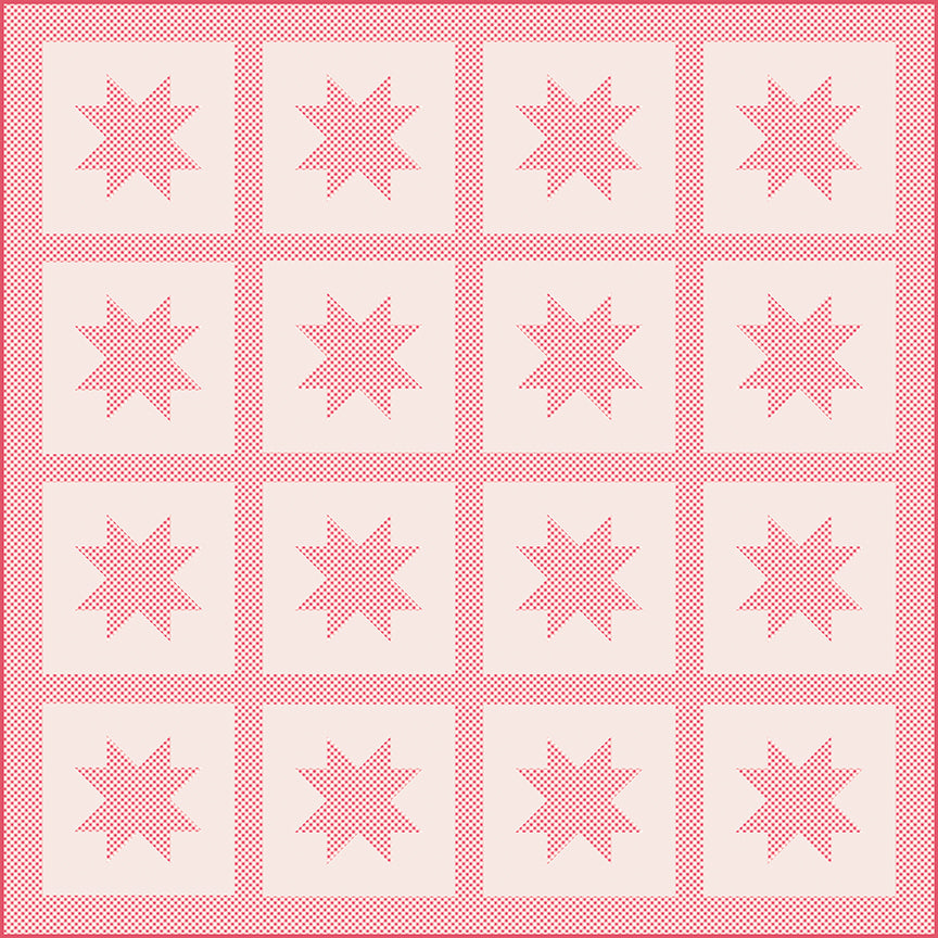 Finished Joyful Stars quilt by Cotton and Joy displaying repeating star motifs in a vibrant patchwork design.