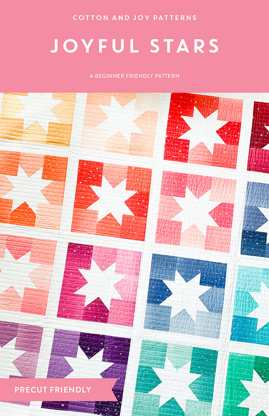 Joyful Stars quilt pattern cover by Cotton and Joy featuring a colorful star quilt design with modern patchwork blocks.