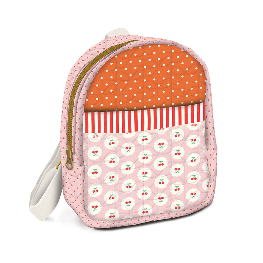 Backpack made from the Cotton Nook backpack panel in pink by Minki Kim