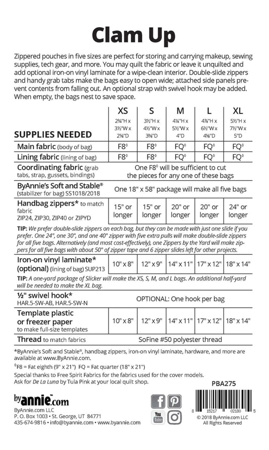 fabric requirements page for the Clam Up pouch from ByAnnie