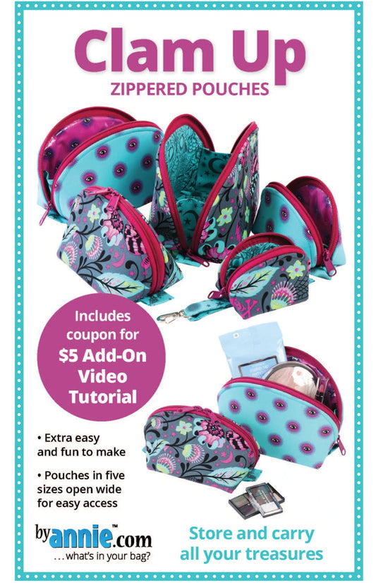 A promotional graphic for 'Clam Up' zipper pouches by Annie, showing multiple small zippered pouches in a floral and polka-dot pattern. The pouches are displayed open to show their interiors, with one containing a compact mirror.