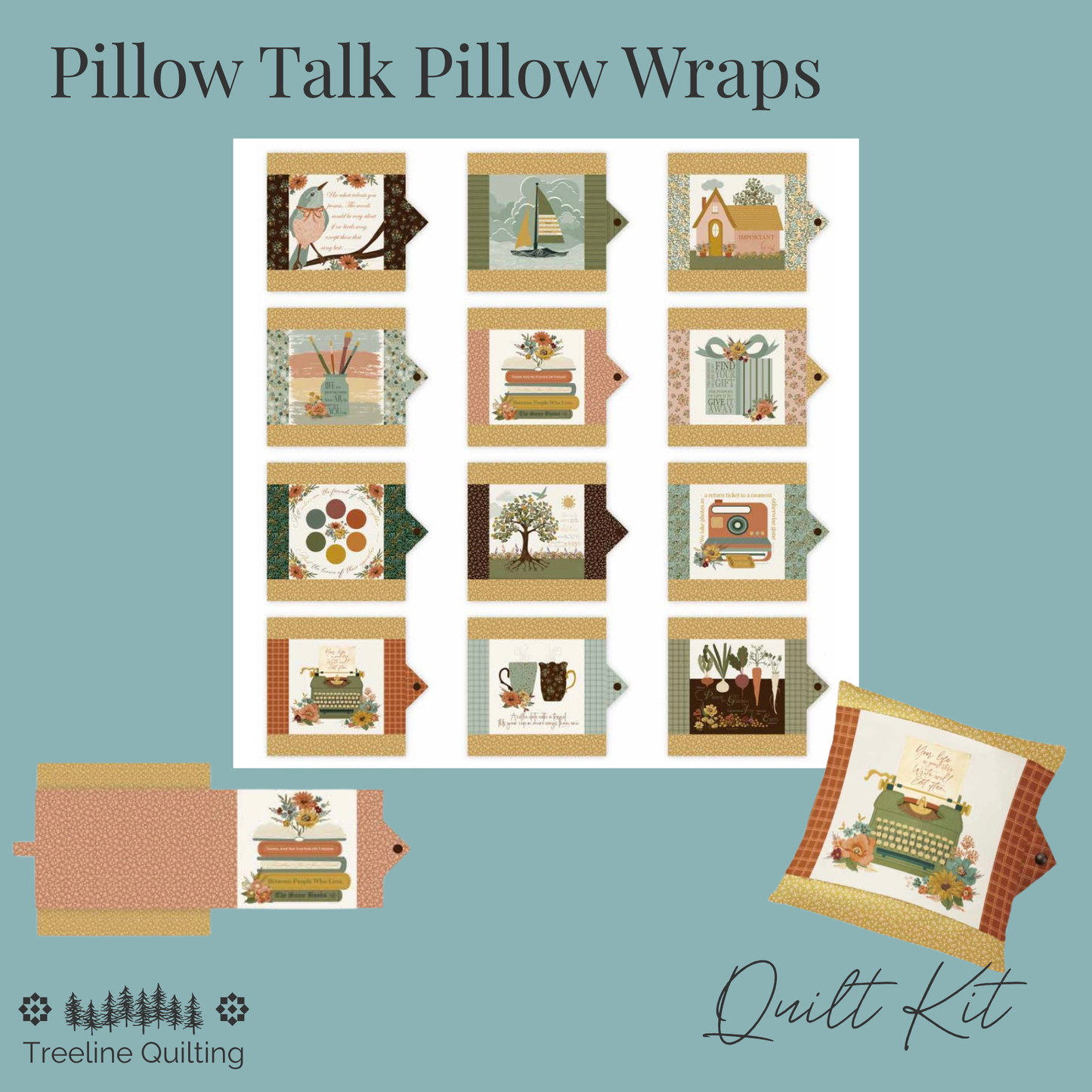 Pillow Talk Pillow Wraps quilt kit by Treeline Quilting, featuring a 12-piece set of decorative pillow tag wraps with autumn and vintage illustrations, shown on a muted teal background with a finished wrapped pillow example.