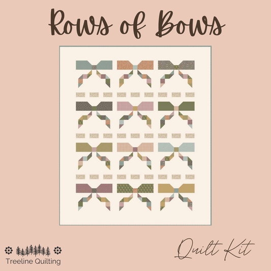 A quilt pattern cover titled 'Rows of Bow' by Treeline Quilting, showing a grid of quilted bow designs in muted pastel colors on a beige background, with 'Quilt Kit' written at the bottom right.
