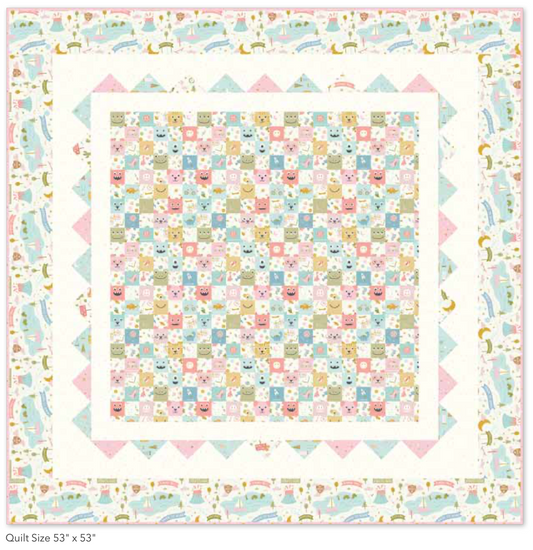 Be Brave Quilt Kit featuring the Brave Your Way cheater print surrounded by soft blush, aqua, gold, and pastel prints by Cayla Naylor for Riley Blake Designs. Includes the free pattern, quilt top, and binding. Preorder ships September 2026.