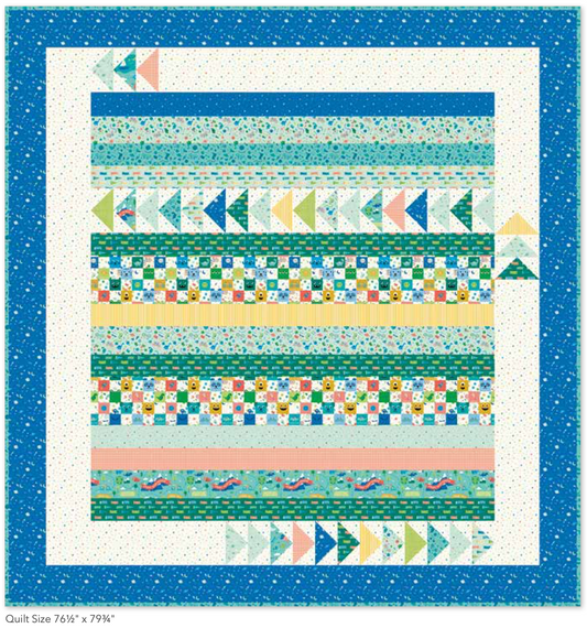 Childhood Adventure Quilt Kit featuring colorful strip piecing, flying geese accents, and Brave Your Way fabrics by Cayla Naylor for Riley Blake Designs. Includes the free pattern, quilt top, and binding. Preorder ships September 2026.