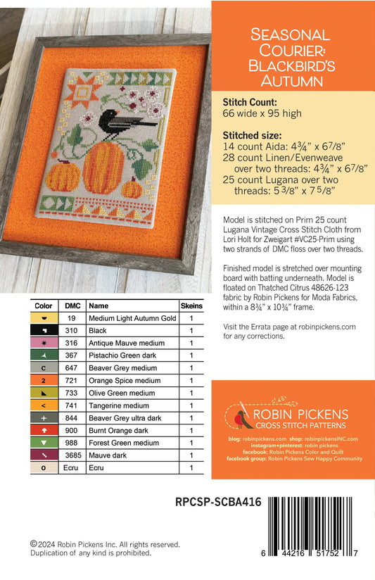 Seasonal Courier: Blackbird's Autumn Cross Stitch Printed Pattern