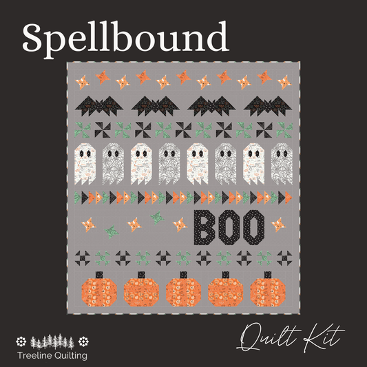 Spellbound quilt kit is a row quilt of bats, ghosts, and pumpkins featuring the Frank and Friends fabric by My Mind's Eye
