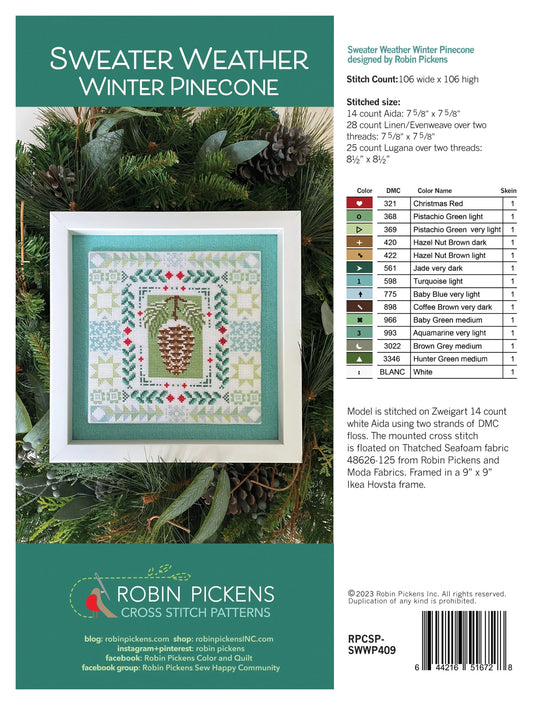Sweater Weather Winter Pinecone Cross Stitch Printed Pattern
