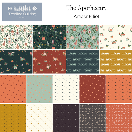 A quilted fabric pattern sampler sheet titled 'The Apothecary' by Amber Elliot, featuring 24 different pattern swatches in earthy tones of teal, rust, mustard, cream, and burgundy, with the Treeline Quilting logo in the top left corner.