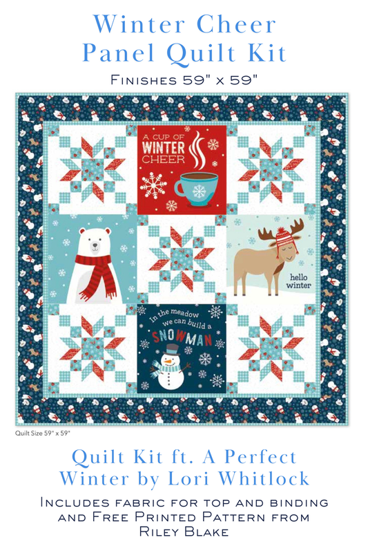 Winter Cheer Panel Quilt Kit featuring a festive winter panel, pieced star blocks, and coordinating A Perfect Winter fabrics by Lori Whitlock. Includes quilt top, binding, and free pattern.