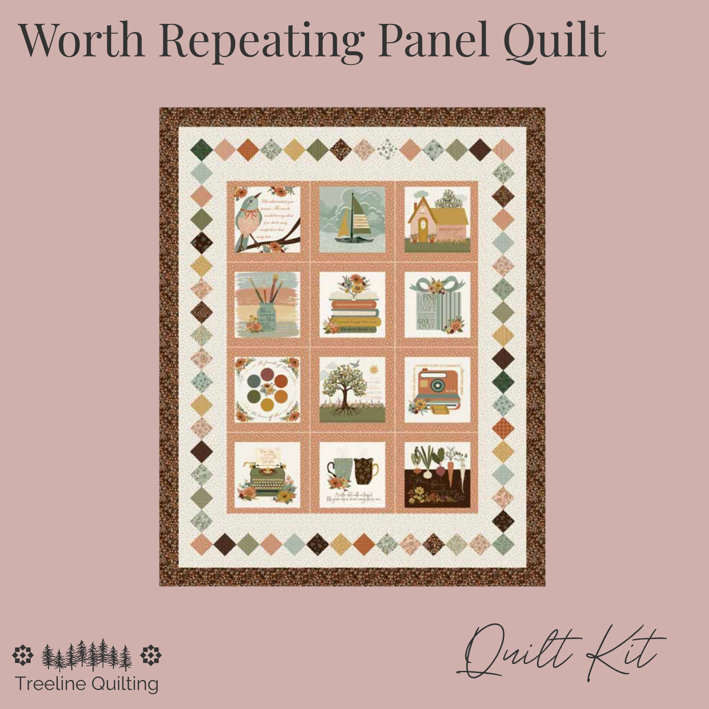 A quilt pattern cover for 'Worth Repeating Panel Quilt' by Treeline Quilting, showing a central quilt design with a brown border and a 12-panel grid of whimsical illustrations on a dusty pink background.