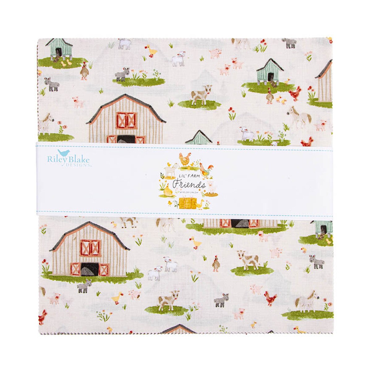 A folded fabric bundle wrapped with a white paper band. The fabric has a white background with a repeating farm-themed print featuring red and green barns, cows, sheep, chickens, and small flowers.