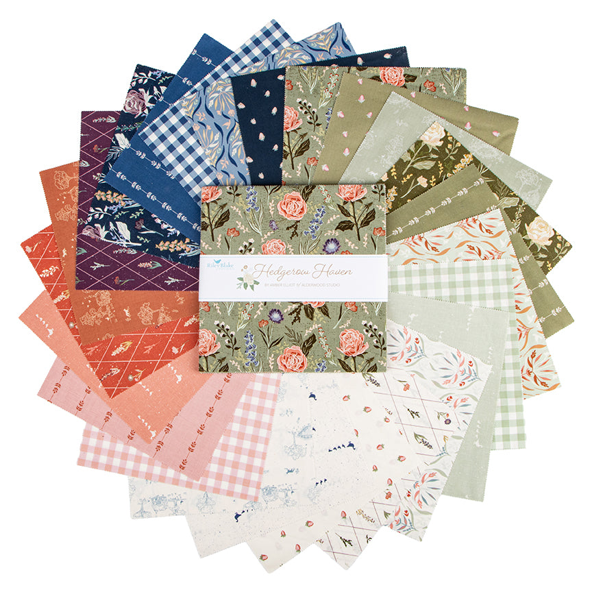 Hedgerow Haven 10 inch Stacker squares fanned out to show the prints, by Amber Elliot of Alderwood Studio for Riley Blake Designs