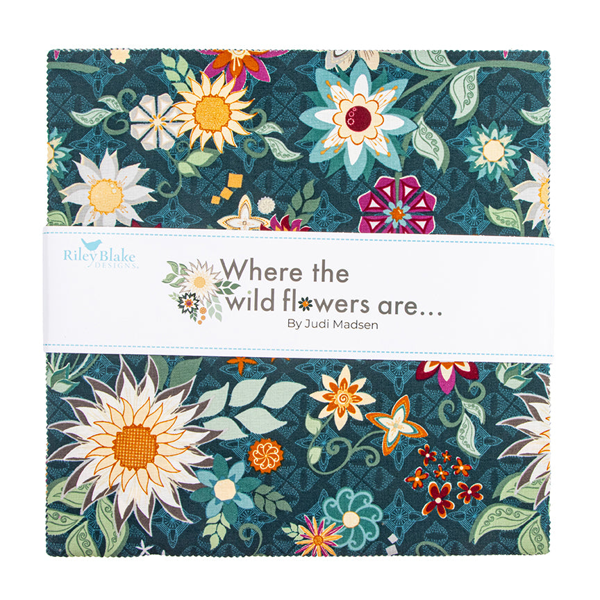 10 inch stacker of  fabrics.  The Where the Wild Flowers are by Judi Madsen. 