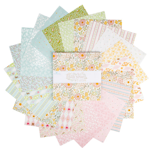 Little Posies by Cayla Naylor  10 Inch Stacker and the fabrics fanned out around the center Layer Cake
