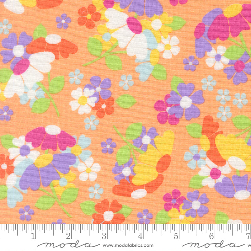 Flower Fields in Cantaloupe, a cheerful orange floral quilting fabric from the Joysome collection by Corey Yoder for Moda Fabrics, 29250-15