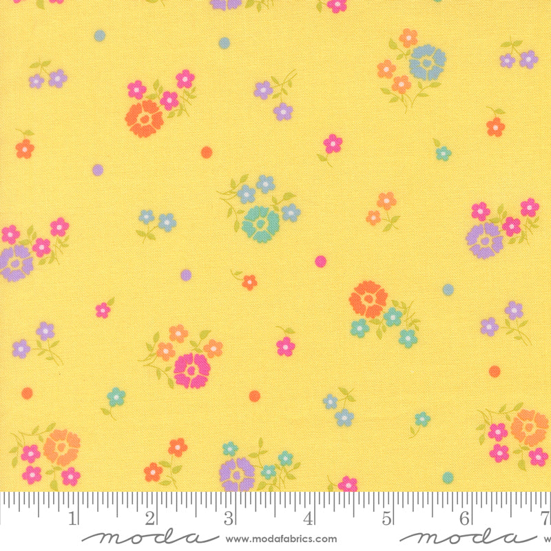 Hand Picked in Sunshine, a bright yellow floral quilting fabric from the Joysome collection by Corey Yoder for Moda Fabrics, 29252-37