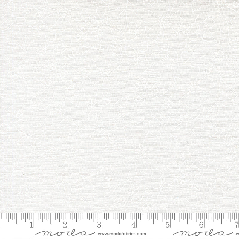 Sunshine Sketch in Cloud White, a light, low-volume sketch-style floral quilting fabric from the Joysome collection by Corey Yoder for Moda Fabrics, 29253-11