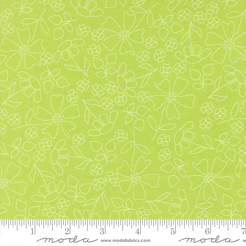 Sunshine Sketch in Grass, a sketch-style green floral quilting fabric from the Joysome collection by Corey Yoder for Moda Fabrics, 29253-18
