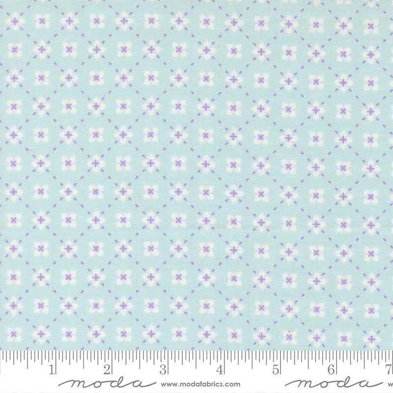 Sweetly Stitched in Frost, a soft blue geometric print quilting fabric from the Joysome collection by Corey Yoder for Moda Fabrics, 29254-21