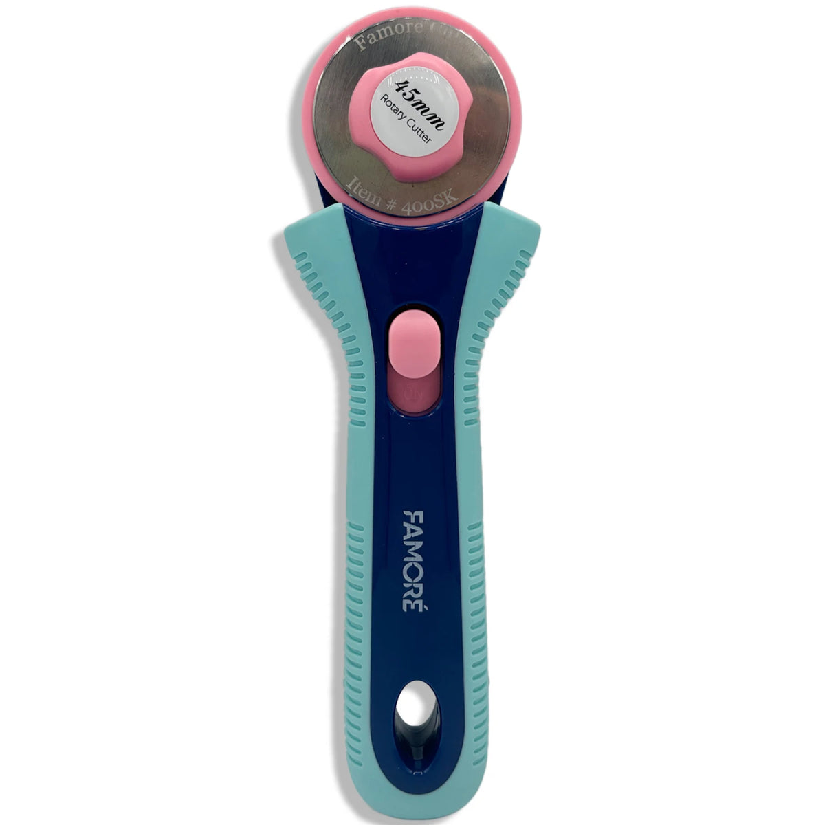A rotary craft knife with a teal and navy blue handle, a pink button, and a pink-and-silver circular blade housing. The brand name 'FAMORE' is printed vertically on the handle.