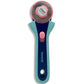 A rotary craft knife with a teal and navy blue handle, a pink button, and a pink-and-silver circular blade housing. The brand name 'FAMORE' is printed vertically on the handle.