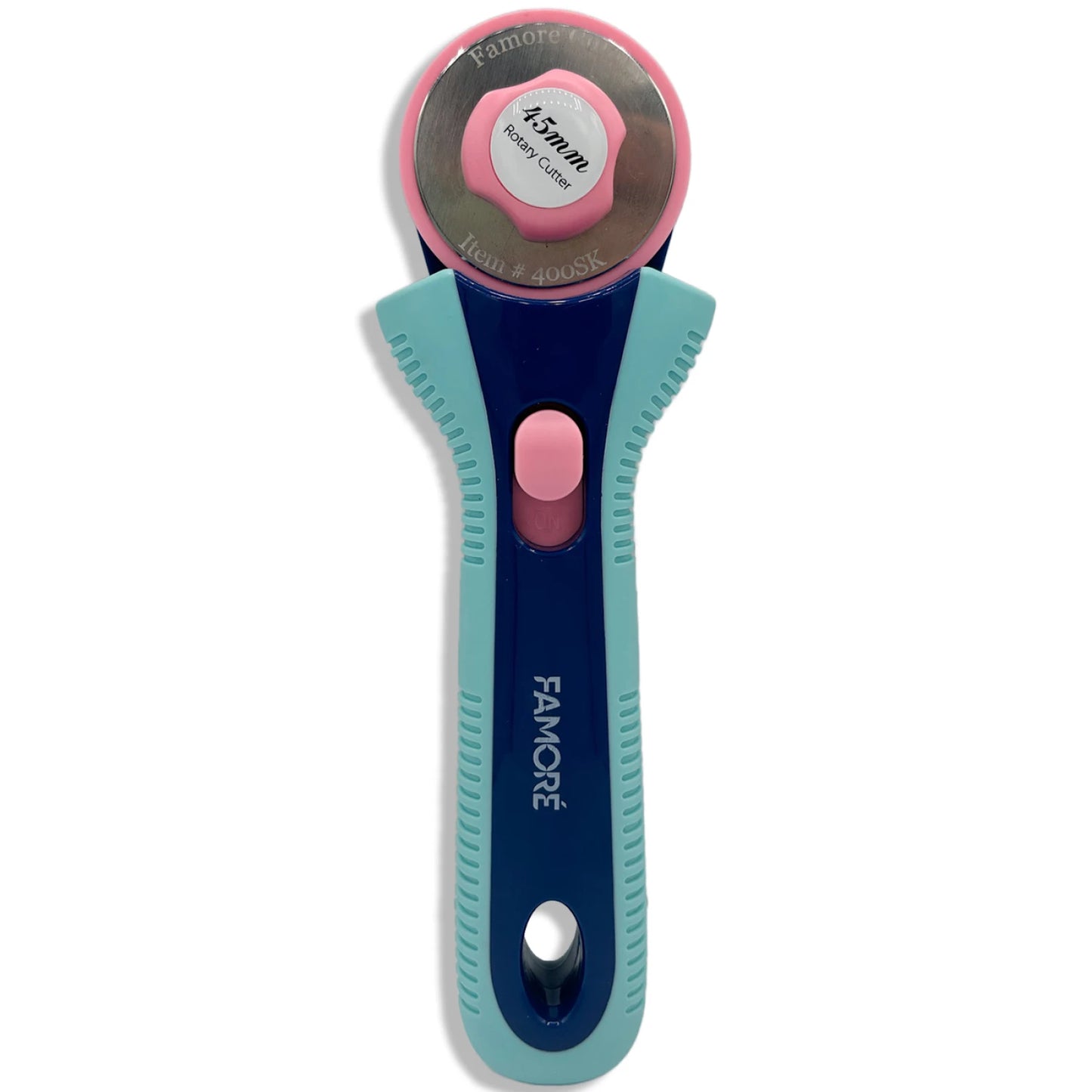 A rotary craft knife with a teal and navy blue handle, a pink button, and a pink-and-silver circular blade housing. The brand name 'FAMORE' is printed vertically on the handle.